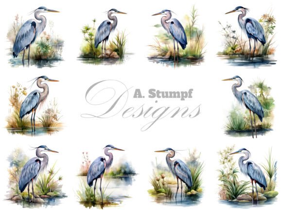 Blue Heron Watercolor Bird Clipart Set: Creative Assets