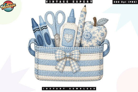 Blue Teacher Supply Basket Coquette PNG: A Charming Asset for Educator Brands