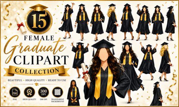 Female Graduate Clipart Bundle PNG: Design Assets for Celebrating Success