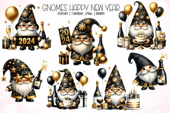 Gnomes Happy New Year Clipart: Festive Design Assets