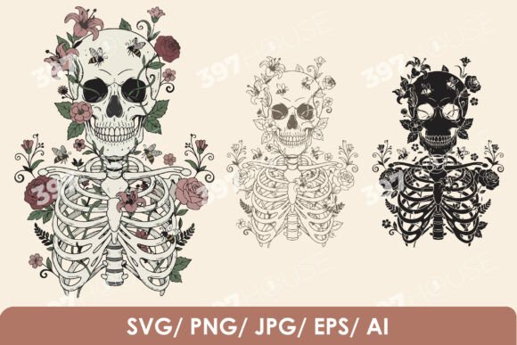 Gothic Skeleton with Flowers & Bees: A Design Asset of Duality
