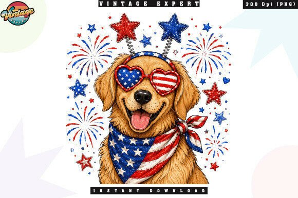 Patriotic Golden Retriever PNG: A Star-Spangled Design Asset