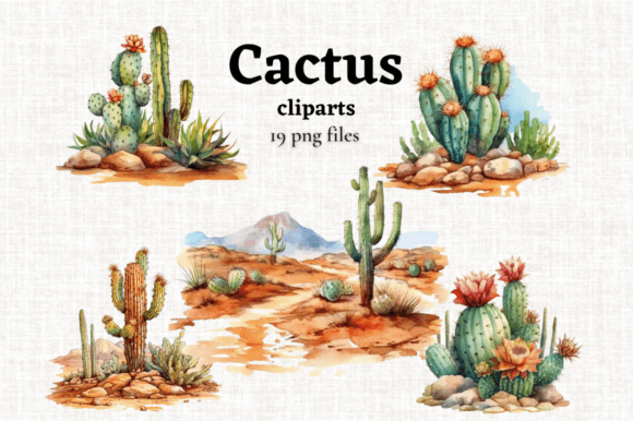 Watercolor Desert Cactus Clipart: 19 PNGs for Creative Projects
