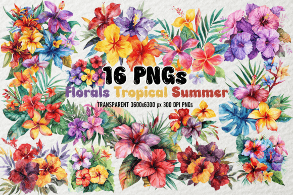 Watercolor Florals Tropical Summer PNGs for Vibrant Design